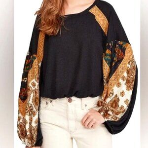 Free People Casual Clash Balloon Sleeve Waffle Thermal Top